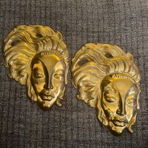 Vintage Pair of Solid Brass Lady Face Wall Hangings